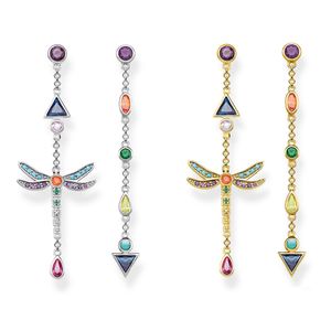Färgglada dragonfly droppe örhängen kvinnor sterling silver långkedja dangle öra jewerly europa stil bohemia gåvor