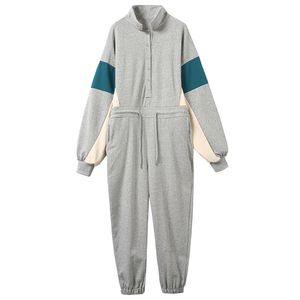 Gray Black Motion Casual Jumpsuit Full Length Long Sleeve Button Pocket Drawstring Lace-up J0069 210514