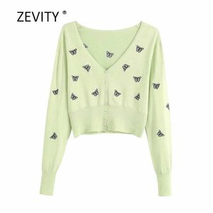 Zevity women fashion v neck butterfly embroidery knitting sweater ladies long sleeve cardigan sweaters chic casual tops S310 210603