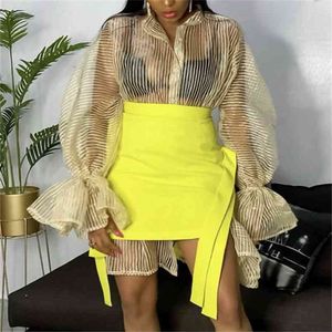 Skirt Two Piece Set Female Transparent Long Shirt Puff Petal Sleeve Big Size Mini Dress with Bands Skirts Sexy Women's Outfits 210730