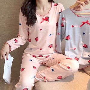 Primavera verão casual homewear pijama pijama poliéster solto sleepwear mulheres full pijama set manga longa cintura elástica pijama 211112