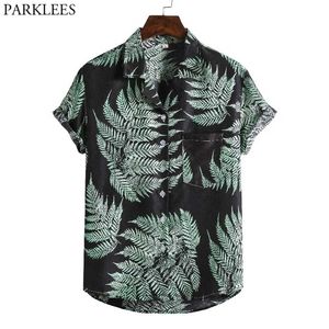 Folhas dos homens Classic Hawaiian Camisas Verão Manga Curta Tropical Aloha Camisa Frente Bolso Beach Vestimento Camisa Chemise 3xl 210522