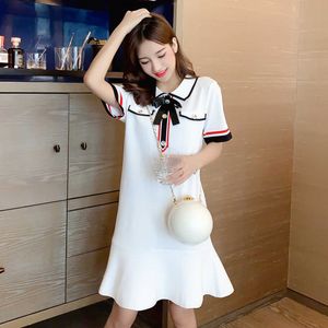 Elegant Bow Striped Splice Summer Dress Wom Elastic Knitted Ruffles Mermaid Dresses OL Office Wear Vestidos 210529