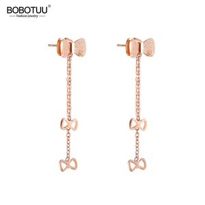 Stud BOBOTUU Scrub Long Titanium Steel Tassel Earrings For Girls Rose Gold Color Fashion Bow Ms. Boucles D'oreilles BOGE523