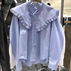 Elegancki drewniany ucho patchwork luźna bluzka kobiety Peter Pan Collar z długim rękawem Solid Blusas Spring Koszula 210422