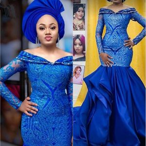 Royal Aso Ebi Blaues Meerjungfrau-Abendkleid mit langen Ärmeln, schulterfrei, glänzende Spitze, Ballkleider, afrikanischer Rüschenrock, formelle Kleider