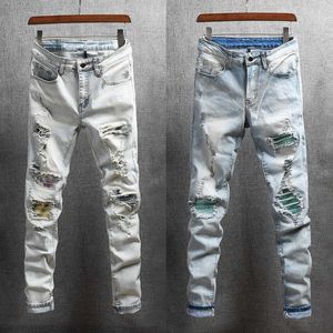 Amerikanska streetwear mode män jeans högkvalitativa elastiska bomull förstörda rippade denim punk byxor fläckar hip hop byxor