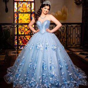 Hellblaue Quinceanera Kleid Prinzessin Ballkleid Schatz Sleeveless 3D Blumen Perlen Party Sweet 16 Vestidos de 15 Años