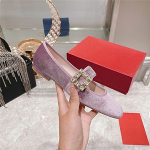 2021 Women Low-heeled Dress Shoes 100% Authentic Sheepskin Lining Sandals Square Buckle Velvet Round Head Drill Mary Jane Ballet Flat Bottom Shoe Muller Loafers 34-35