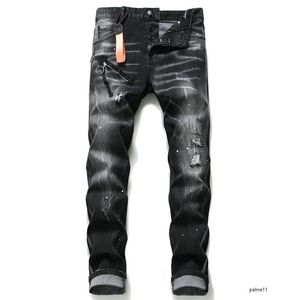 Moda Slim Fit Męskie Dżinsy Hip Hop Spodnie Uliczne Zipper Łańcuch Dekoracji Rips Stretch Black Myted Motocykle Denim Boaned Spodnie