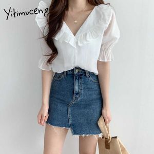 Yitimuceng Chiffon Blouse Kvinnor Ruffles Button Up T Shirts Koreansk Fashion Short Puff Sleeve Solid Vit Blå Toppar Sommar 210601