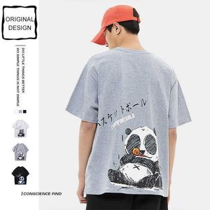 ストリートウェアアニメTシャツメンズファッションパンダプリントメンズデザイナーシャツOネックカジュアルヒップホップ特大ティー210527