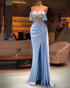 Sky Blue Satin Evening Dresses Mermaid Formal Dress Women Sext Front Slit Off The Shoulder Prom Party Gowns Robe De Fiesta