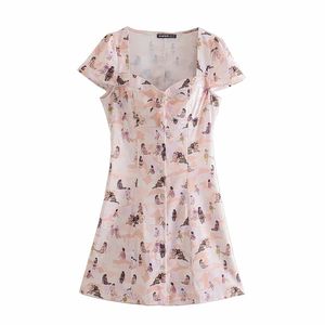 BBWM Heart-Shaped Neckline Women Dress Single-Breasted Vintage Cartoon Pictures Print Vestidos Elegant Dresses 210520