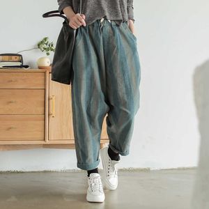 Johnature Autunno Velluto A Coste A Righe Figura Intera Donne Cross-pantaloni 2021 Nuovo Casual Vintage Metà Elastico In Vita Del Tutto-fiammifero Pantaloni da Donna Q0802