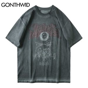 Gonthwid T-Shirt Hip Hop Rahat Yaz Erkekler D Baskı Kısa Kollu Tees Sıkıntılı Gevşek Streetwear Harajuku Moda Tops 210629