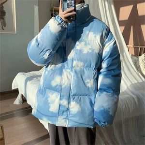 Hybskr White Cloudy Men Winter Padded Coat Oversize Thicken Parkas Harajuku Korean Style Male Warm Jackets Stand Collar Clothing 211124