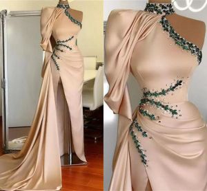 Abiti da ballo sirena di champagne con cape overskirt con filo laterale con perline con perline ad alta fessura sexy abito da sera da sera su misura per le dimensioni più size 403