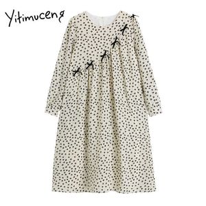 YitimuCeng Kwiecisty Suknie Kobiety Summer Bow Lace Up High Waist O-Neck A-Line Loose Solid Korean Fashion Mini Dress 210601