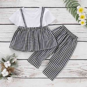 Summer Children Sets Fashion Boys Short Sleeve O Neck T-shirt Long Pants Black and White Plaid Cute Girls Clothes 1-6T 210629