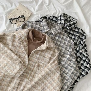 Koreański Spadek Koszula Kurtka Dla Kobiet Odzież Wełniana Płaszcz Jesienią Winter Moda Vintage Houndstooth Płaszcz Dla Kobiet Kurtki 210514