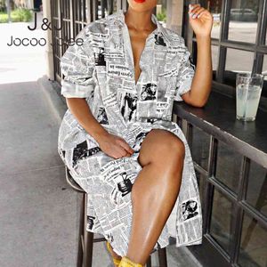 Jocoo Jolee女性のファッションスパペェプリの印刷シャツのドレス秋の街路壁長袖ターンダウンネック膝丈ドレス210518