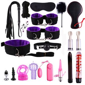 Massagem 21pcs Sexo BDSM BDSM Set Gag Handcuffs Chicote Ropes Blackful Mamilo Braçadeiras para Mulher Sexo Brinquedos para Casais Jogos Adultos Escravos