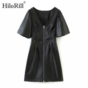 Chic Women Black Faux Leather Mini Dresses Puff Short Sleeve Pläterad Party Sexy V Neck Pu Zipper Vestidos 210508