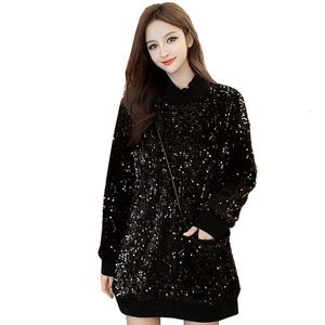 Kvinnors Tröjor Qing Mo Black Women Full Sequin Sweatshirt 2021 Vinter Elegant Kvinna Casual Solid Zqy2623