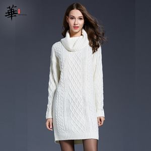 Women Winter Sweater Dress Knitted Long Sleeve Dresses for Women Femme Robe Woman Pullover Turtleneck White Plus Size Dress 210319241I