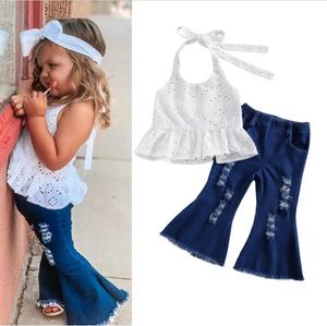 Completi di vestiti per neonate per bambini Gilet di pizzo bianco con cavezza estiva + Pantaloni di jeans strappati con fondo a campana Jeans Abiti per bambini