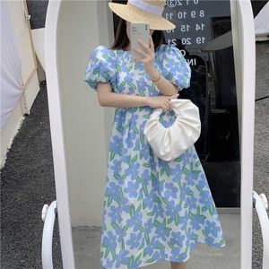 Yaz Robe O-Boyun Puf Kısa Kollu Ince Bel Günlük Elbiseler Kore Chic Zarif Çiçek Baskı Salıncak Elbise Kadınlar Için 210529