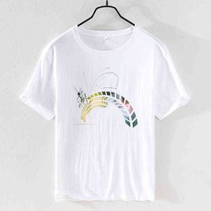 8079 Erkekler Keten T-Shirt Soyut Desen Baskılı Moda Chic Rahat O-Boyun Kısa Kollu Taze Gençlik Streetwear Tees H1218 Tops