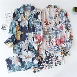 primavera e outono de manga comprida calças senhoras pijamas set viscose cardigan borboleta flor simples fino serviço fino verão 211118