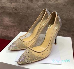 Высокое качество Новая мода Сексуальные женские насосы Peep Toe Crystal Пряжка Ремешок Вечеринка Свадебные Обувь Золотая воздушная сетка Просмотреть - через лодыжку 2021