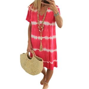 Dorywczo Tie Dye Dress Krótki Rękaw Damska Drukuj Suknie Letnie V-Neck Loose Boho Sun Beach Sukienka Plus Size Falda de Las Seoras Y0603