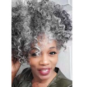 Salt and pepper gray human hair ponytail grey kinky curly short high afro puff updo pony tail extension