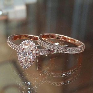 Choucong Brand Wedding Rings Classical Jewelry 925 Sterling Silver Rose Gold Fill Pear Cut Water Drop White Topaz CZ Diamond Women Bridal Ring Set For Lover Gift