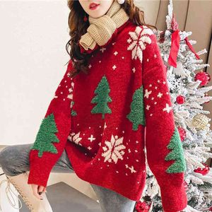 Johnature Abbigliamento donna Maglioni lavorati a maglia Maglioni natalizi carini Fiocco di neve Inverno Mori Ragazza Maglioni casual a maniche lunghe 210521