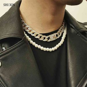 Shixin hip hop iced out länk kedja på nacken rhinestone / pearl choker halsband för kvinnor / män uttalande smycken collier