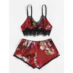 2 ADET Kadınlar Sexy Lingerie Pijama Dantel Saten Pijama Lingerie Kaşkorse Nightyrobe Pijama Set Uyku Ev Işçesi Gecelik Gece Q0706 Giymek