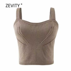 Zevity Women Fashion Solid Color Hollow Out Dnia Knitting Sling Sweter Kobieta Casual Slim Spaghetti Strap Sweter Chic Topy S308 210603