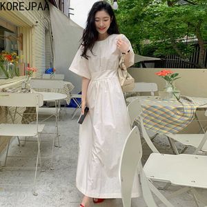 Korejpaaの女性のドレス夏の韓国のシックなフランスニッチラウンドネックプリーツ弾性痩身ベルスリーブプラトコドンvestidos 210526