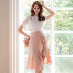 irregular Office Sexy 2 piece suit korean ladies Summer White lace tops and pink Skirt night party set for women clothing 210602