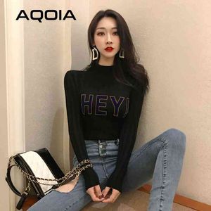 Inverno Streetwear Hey Carta Impressão Malha Camisola Feminina Slim Turtleneck Blusas Mulheres Outono Moda Feminina Pullovers 210521