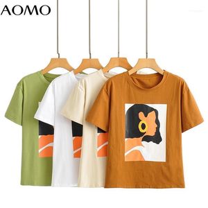 Kvinnors T shirt Aomo Koreanska Mode Kvinnor Morden Girl Print Loose Cotton Short Sleeve O Neck Female Casual Tee Top AI333A1