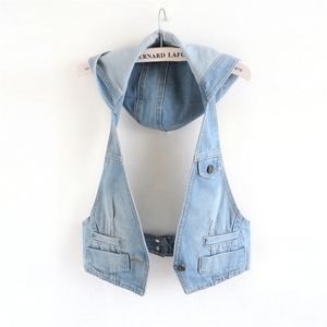 Koreanska Mode Hooded Summer Waistcoats Denim Vest Kvinnor Sexig Halter Ärmlös Jean Jacka Kvinna Slim Veste Femme Coat 211120