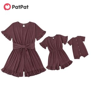 Arrival Mommy and Me Solid Bean Paste Color Ruffle Print Matching Rompers 210528