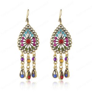 Retro Colorful Crystal Beaded Women's Dangle Earrings Jhumka Ethnic Alloy Hollow Water Drop Long Tassel Earring Boho Indian Jewelry