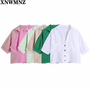 Kırpılmış Keten Yaz Gömlek Kadın Kısa Kollu Düğme Yukarı Vintage Üst Kadın Yama Cepler Pembe Yeşil Beyaz Bluz Gömlek 210520